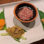 梵天 - ホヤ塩辛
、、カニ味噌、かつを酒盗
、豆腐もろ味噌漬け
