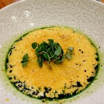 コムトゥヴ - 人参と青みかんのスープ　博多地鶏の生ハム⭐️❤️コムトゥブシェフさんのスープは本当に素晴らしいのです❣️╰(*´︶`*)╯♡素材の組み合わせ♪別世界にワープするような感動に毎回出会えます♡