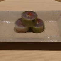 温石 - 鯵の胡瓜巻き､梅肉ソース