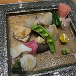 いまむら - 水ダコ、アワビ、ヤリイカ、ツブガイ、ソイ、沖縄の黒鯛、沖縄のまくぶ、メバチマグロ