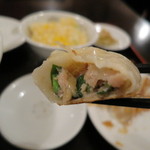 中国家庭料理 日海升盛 - 餡は粗切りの豚肉、きゃべつ、にら。

ジュッって肉汁が～。

