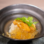 Kobe Gyuu Rogama Sumiyaki Steak IDEA Ginza - Chilled Pasta with Hokkaido Sea Urchin, Kobe Beef Consommé Jelly, and Almond Oil