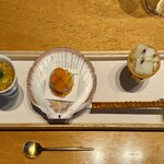 Restaurant Sola - 左からかぼちゃ、月日貝、いくら、ヤリイカ
