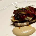 Restaurant Sola - 真鯛、海老、赤ピーマン・黄トマト、ナスのソース