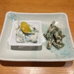 豆腐料理とおばんざい まるたけえびす豆八 京都 先斗町 - 水菜の白和えに栗のトッピング、インゲンの胡麻和え(お通し)