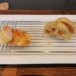 旬彩 天ぷら 心来(しんら） - ふかふかで ふっくらとした金目鯛の天ぷら と、レンコンの天ぷらです。どちらもアツアツ揚げたてです。美味しイ～です。