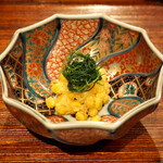 薪鳥新神戸 - 青森 とうもろこしのかき揚げ + 薪焼きおかひじき