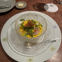 新門前 米村 - 抹茶アイスと車海老の冷製カボチャスープ