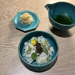 apothéose - ◉冷やしトマト麺
      トマト一番出汁/牡丹海老/カリフラワー/花のジュレ
      ＋
      (追加)キャビア　　¥5,000-