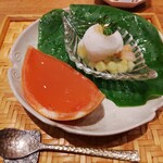 祇園 にし - グレープフルーツゼリー、梨のシャーベット、桃とシャインマスカットのコンポート