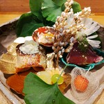 祇園 にし - カマスの幽庵焼き、カツオのたたき、湯葉、等