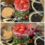 田内屋 - マグロとアボカドのタルタルを、
      ミニトマトと刻んだレタス、ニンジン、大根、セロリなどと
      サンドしてあります♪(๑˃̵ᴗ˂̵)