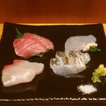 こころや - 天然カンパチ、太刀魚炙り、キハダマグロ、皮ハギ肝添え