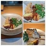 巧 - ♦焼物 秋を感じる栗の渋皮揚げはホックホク、桜えびのしんじょうはフワッフワの食感で桜海老の香りがする柔らかくて栄養価満点な一品