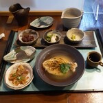 夢創庵 - そばがき　1100円税込　（自家製ベーコン、大根おろし、あんこ、ワサビつき