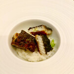 TATSUMI - 明石で採れた天然の海うなぎを使ったリゾット。リゾットは魚沼産コシヒカリ。皮がパリパリと香ばしく、リゾットはお米の優しいテイストに酢橘の爽やかさが合わさり、とてもバランスが良いおいしい料理。