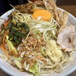 ラーメン二郎 - 小ぶた（1,070円）＋ネギ（120円）＋ニラキムチ（120円）＋汁なし（100円）、ニンニク・高菜