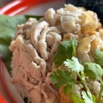 カフェモン - モモ肉のカオマンガイ、ふっくら優しい味に炊き上がっています♡
      対照的に米粉でサクッと揚げたカオマンガイトードは歯応えある胸肉です。この対比がおもしろーい♪