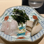 鮨 ゆうき - 平目刺身、蒸し鮑