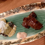 一徹 - 子持ち鮎の酢味噌と松茸の和牛巻き