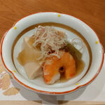 一徹 - 自家製胡麻豆腐と茄子と海老の餡掛け