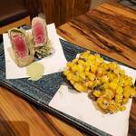 海の達磨 魚心 - 本鮪レア天ぷら・とうもろこしのかき揚げ