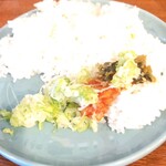 ステーキ瀬里奈 - トッピングのキムチと辛子高菜、間違えたネギ