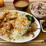 舞洲食堂 - 【A定食600円】鶏の天ぷら特製黒酢たれ