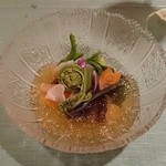 河庄利宮 - ［３回目］河庄コース(10000円)・前菜 貝と旬菜の酢橘ジュレ掛け