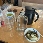 そば処 湧水 - いいちこボトルを蕎麦湯で割って、山菜料理をアテに