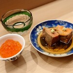 日本橋蛎殻町 すぎた - マリアージュ:あん肝/いくら味噌漬け/新政 陽乃鳥