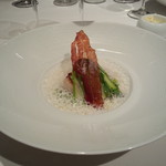 メゾン ポール・ボキューズ - グリーンアスパラガスのリゾット　帆立貝のポワレ
       コキヤージュのジューソース