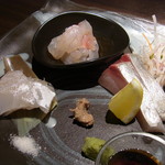わいん - 旬のお造り。鯛の昆布締め、縞鰺、ひらまさ
