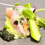 リストランテ カーザ・アルべラータ - 銚子港直送 キンメダイのクルード 海苔 キュウリ トマト