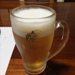 山荘 天水 - １９：３０より夕食開始。まずは生ビール。あっその前に地元大分の濁り酒もありました。写真撮りそびれたか(-_-;)