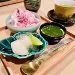 馬車道 大かわ - 水菓子と甘味の３点盛り✨ かき氷マスカルポーネ&ナガノパープルのソース　梨とシャインマスカットのワインゼリーがけ　抹茶ソースのミルクプリン？
