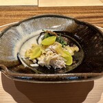 温石 - 胴満蟹　栗チップス　空芯菜自家製マスタード　甲殻類好きにはたまらない一皿でした