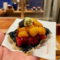 天婦羅 みやしろ - お造り：海苔天（北海道本まぐろの漬け　うに　キャビア　山葵　海苔の天麩羅）