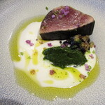 ricordo - 前菜〜もどり鰹の藁焼きのカルパッチョ  茄子のタルタル  サルサベルデ（パセリのペースト）  バターミルクのソース