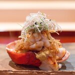 愚直に - 2024.9 伊勢海老の炭火焼き 焼き茄子 茗荷などの薬味を乗せて