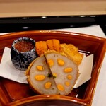 馬車道 大かわ - ウニ蓮根と帆立のフライ