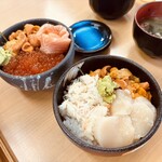 どんぶり屋 - 三色丼　奥：ウニ、サーモン、イクラ　手前:ホタテ、ウニ、カニ