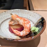 鮨 近藤 - 北海道産縞エビと紅はるかの甘露煮