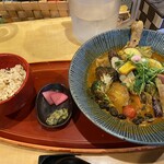 スープカレー奥芝商店 - 柔らかチキンと彩り野菜
　海老スープ、激辛、玄米小盛り