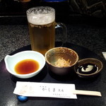 かしま - 生ビールと付き出し(切干大根）