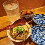 たらふくちゃん - 牛すじ。お供の自家製珈琲焼酎に大分の麦焼酎