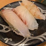 廻し鮨 新鮮や - 昆布締め三昧(カンパチ、鯛、エビ)