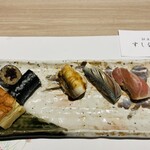 銀座 すし 仙道 - 握り 三貫，干瓢巻，玉子焼きカステラ仕立て