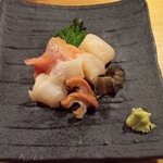 どんつき左 - 刺身盛り合わせ（サザエ、白ミル貝、赤貝、ホタテ、マツバガイ）