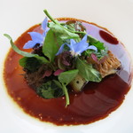 エスキス - オードブル　フォアグラのブランマンジェとモリーユ茸　グラニースミス　鴨肉とコンソメのソース